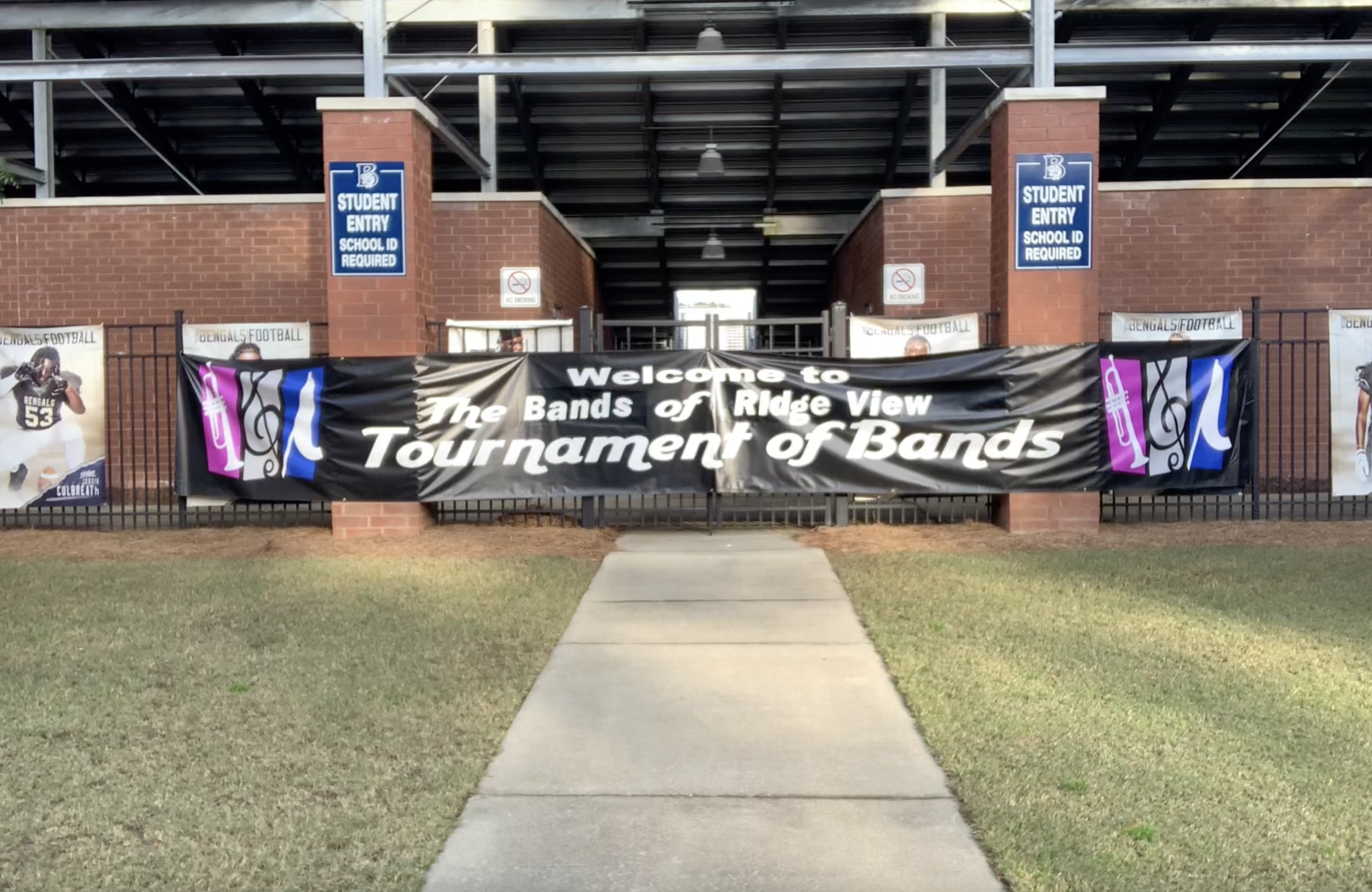 Tournament of Bands banner outside of the Blythewood High School football stadium